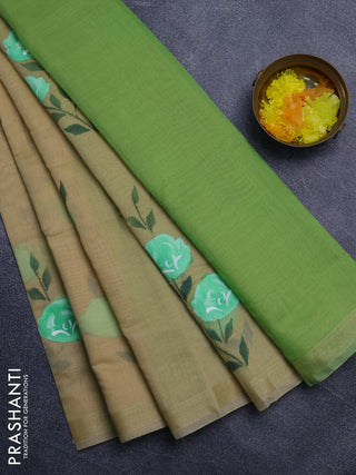 Linen cotton saree sandal and light green with floral hand paint prints and zari woven border