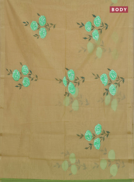 Linen cotton saree sandal and light green with floral hand paint prints and zari woven border