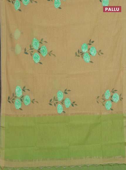 Linen cotton saree sandal and light green with floral hand paint prints and zari woven border
