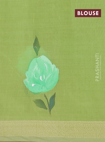 Linen cotton saree sandal and light green with floral hand paint prints and zari woven border