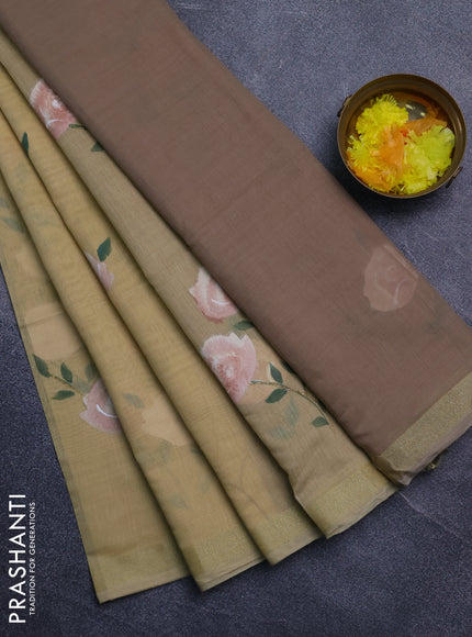 Linen cotton saree sandal and dark beige with floral hand paint prints and zari woven border