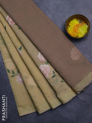 Linen cotton saree sandal and dark beige with floral hand paint prints and zari woven border