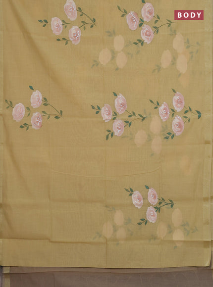 Linen cotton saree sandal and dark beige with floral hand paint prints and zari woven border
