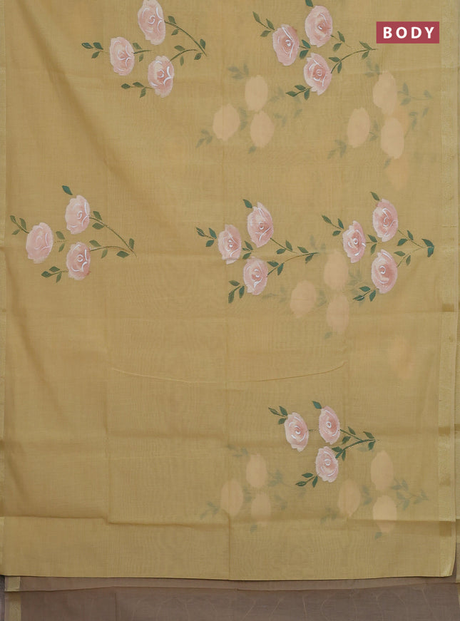 Linen cotton saree sandal and dark beige with floral hand paint prints and zari woven border