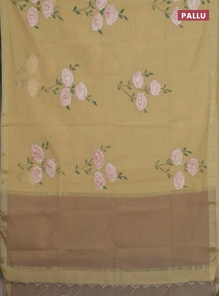 Linen cotton saree sandal and dark beige with floral hand paint prints and zari woven border