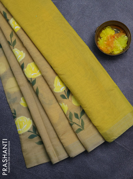 Linen cotton saree sandal and yellow with floral hand paint prints and zari woven border
