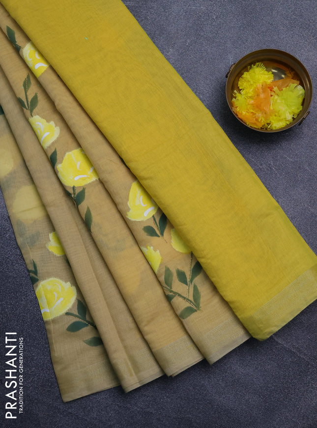 Linen cotton saree sandal and yellow with floral hand paint prints and zari woven border