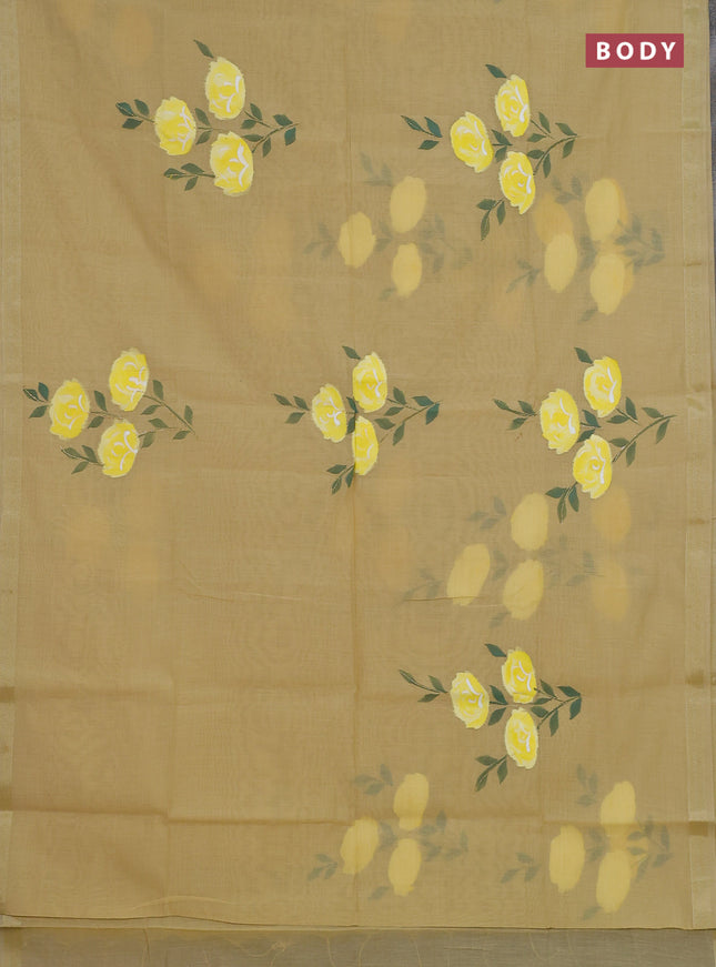Linen cotton saree sandal and yellow with floral hand paint prints and zari woven border