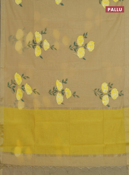 Linen cotton saree sandal and yellow with floral hand paint prints and zari woven border