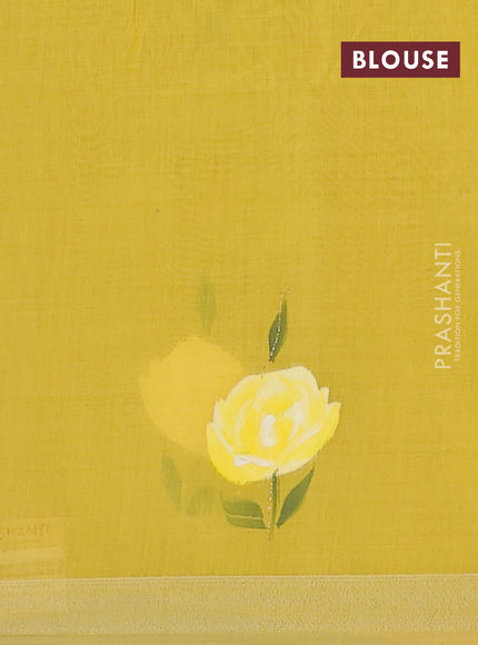 Linen cotton saree sandal and yellow with floral hand paint prints and zari woven border