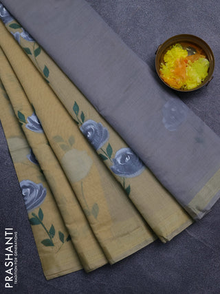 Linen cotton saree sandal and grey with floral hand paint prints and zari woven border