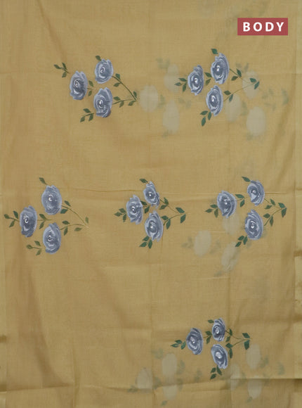 Linen cotton saree sandal and grey with floral hand paint prints and zari woven border