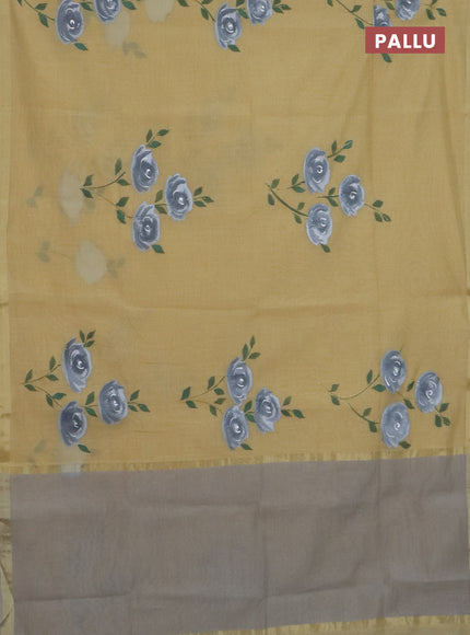 Linen cotton saree sandal and grey with floral hand paint prints and zari woven border