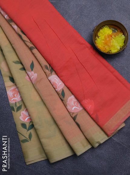 Linen cotton saree sandal and peach shade with floral hand paint prints and zari woven border
