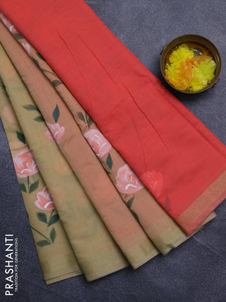 Linen cotton saree sandal and peach shade with floral hand paint prints and zari woven border