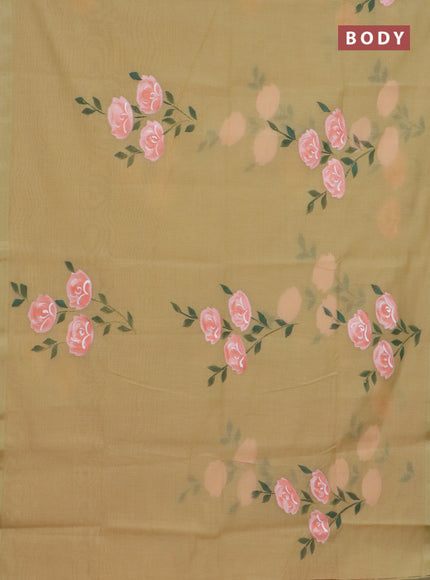 Linen cotton saree sandal and peach shade with floral hand paint prints and zari woven border
