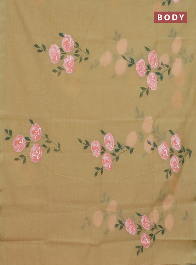 Linen cotton saree sandal and peach shade with floral hand paint prints and zari woven border
