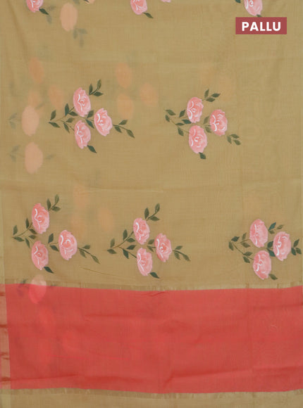 Linen cotton saree sandal and peach shade with floral hand paint prints and zari woven border
