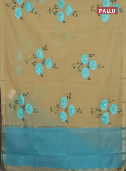 Linen cotton saree sandal and teal blue with floral hand paint prints and zari woven border