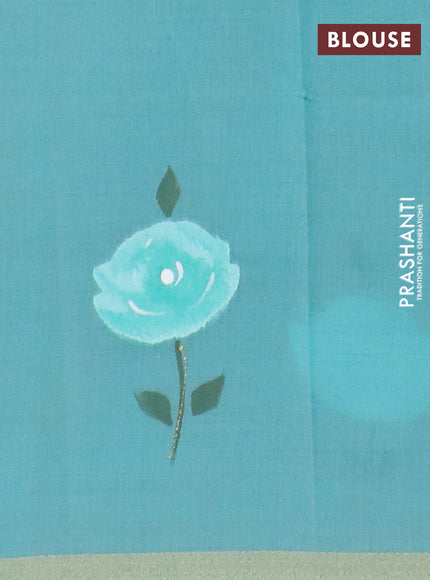 Linen cotton saree sandal and teal blue with floral hand paint prints and zari woven border