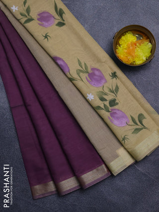 Linen cotton saree purple and sandal with plain body and hand painted pallu