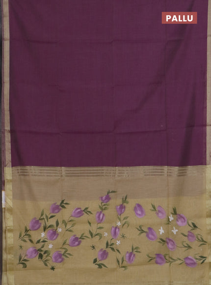 Linen cotton saree purple and sandal with plain body and hand painted pallu