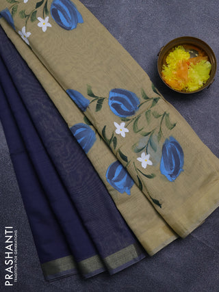 Linen cotton saree navy blue and sandal with plain body and hand painted pallu