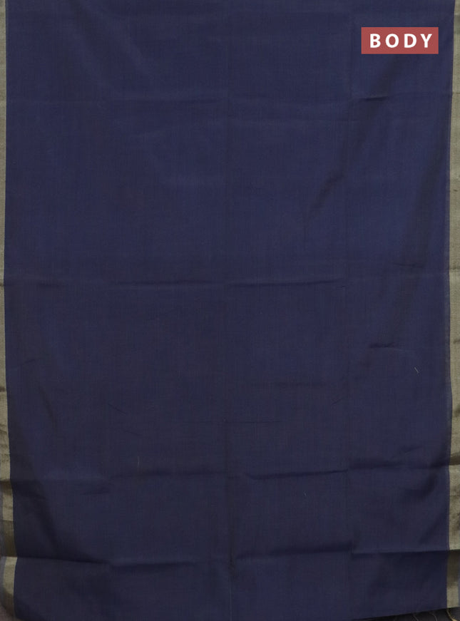 Linen cotton saree navy blue and sandal with plain body and hand painted pallu