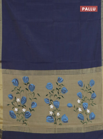 Linen cotton saree navy blue and sandal with plain body and hand painted pallu