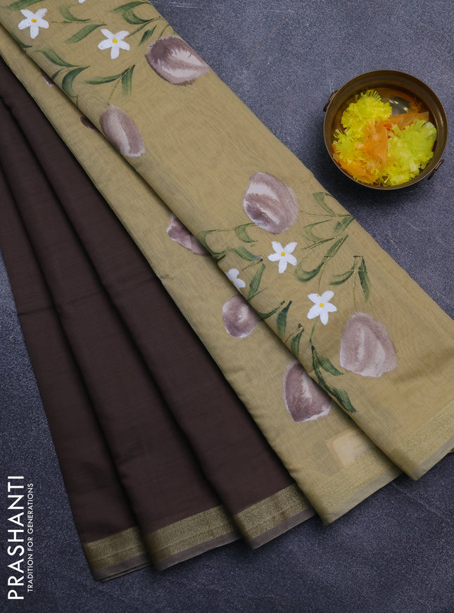 Linen cotton saree dark beige and sandal with plain body and hand painted pallu
