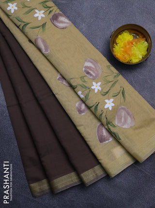 Linen cotton saree dark beige and sandal with plain body and hand painted pallu