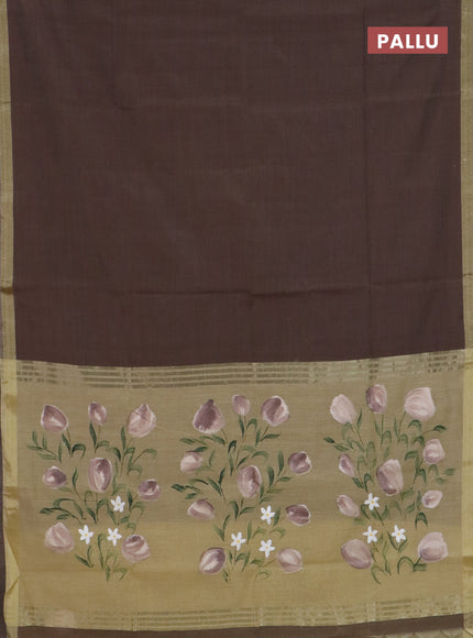 Linen cotton saree dark beige and sandal with plain body and hand painted pallu
