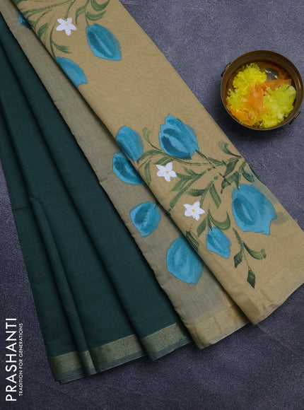 Linen cotton saree green and sandal with plain body and hand painted pallu