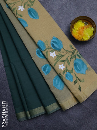 Linen cotton saree green and sandal with plain body and hand painted pallu