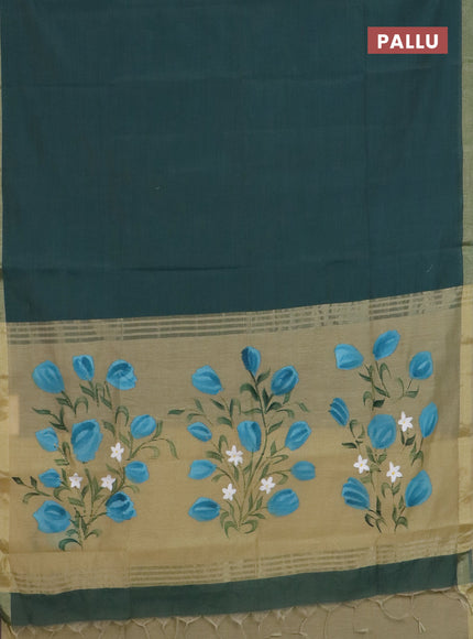 Linen cotton saree green and sandal with plain body and hand painted pallu