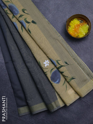 Linen cotton saree grey and sandal with plain body and hand painted pallu