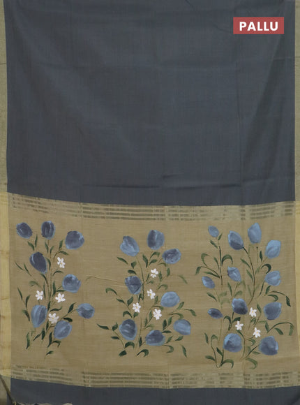 Linen cotton saree grey and sandal with plain body and hand painted pallu