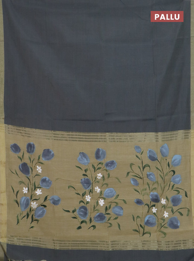 Linen cotton saree grey and sandal with plain body and hand painted pallu