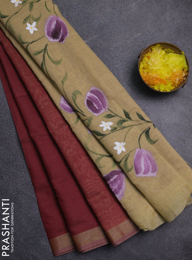 Linen cotton saree maroon and sandal with plain body and hand painted pallu