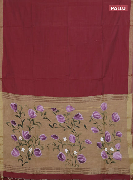 Linen cotton saree maroon and sandal with plain body and hand painted pallu