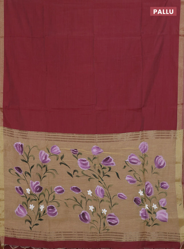 Linen cotton saree maroon and sandal with plain body and hand painted pallu