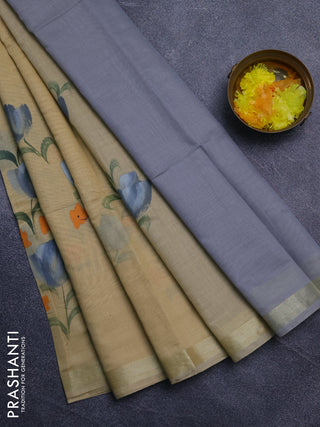 Linen cotton saree sandal and grey with floral hand paint prints and zari woven border