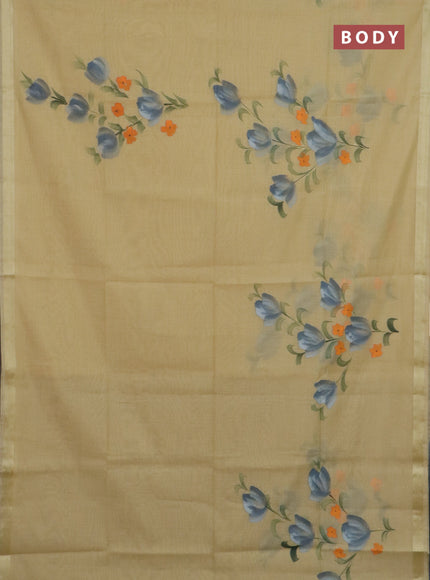 Linen cotton saree sandal and grey with floral hand paint prints and zari woven border