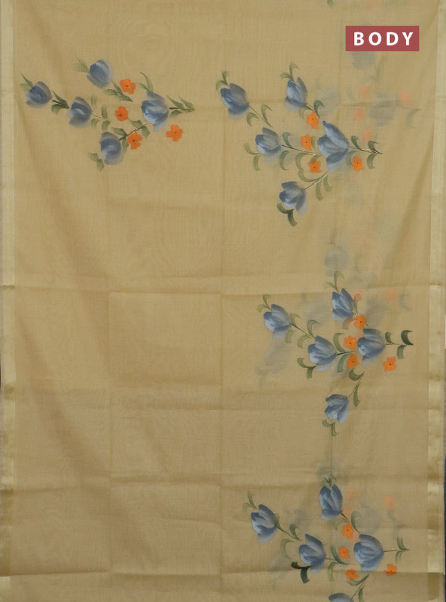 Linen cotton saree sandal and grey with floral hand paint prints and zari woven border