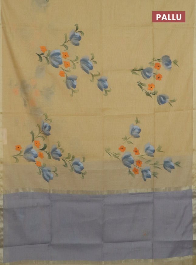Linen cotton saree sandal and grey with floral hand paint prints and zari woven border