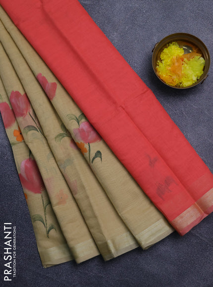 Linen cotton saree sandal and peach shade with floral hand paint prints and zari woven border