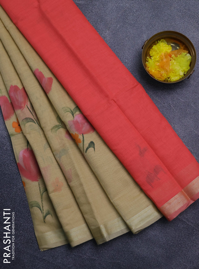 Linen cotton saree sandal and peach shade with floral hand paint prints and zari woven border
