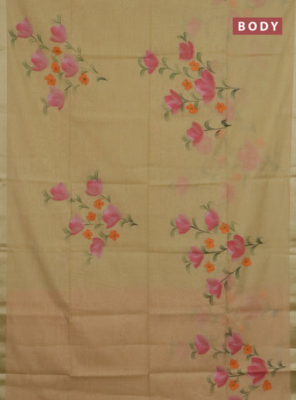 Linen cotton saree sandal and peach shade with floral hand paint prints and zari woven border