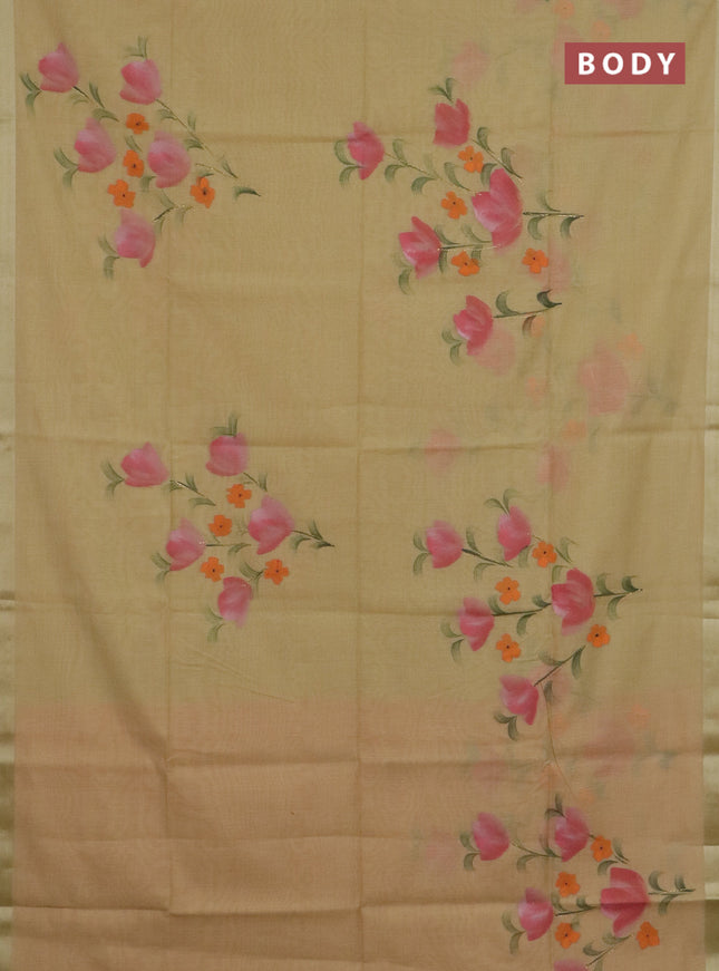 Linen cotton saree sandal and peach shade with floral hand paint prints and zari woven border