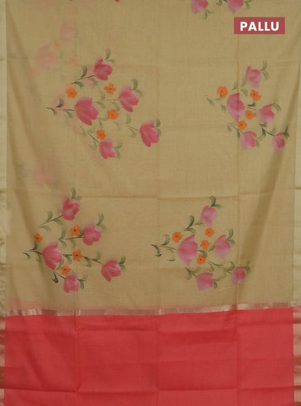 Linen cotton saree sandal and peach shade with floral hand paint prints and zari woven border